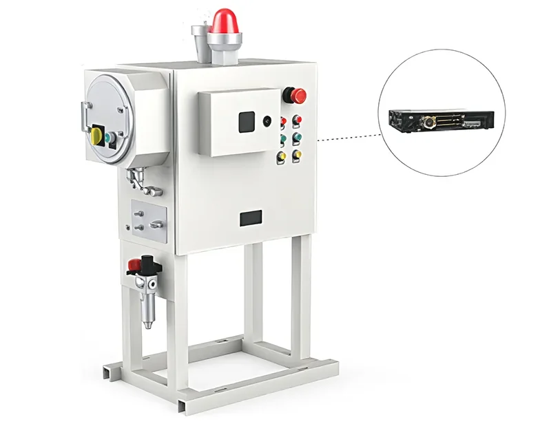 Fairino FR5 robot with control panel, emergency stop button, and product sample part on a stand; features buttons, dials, and branding elements.