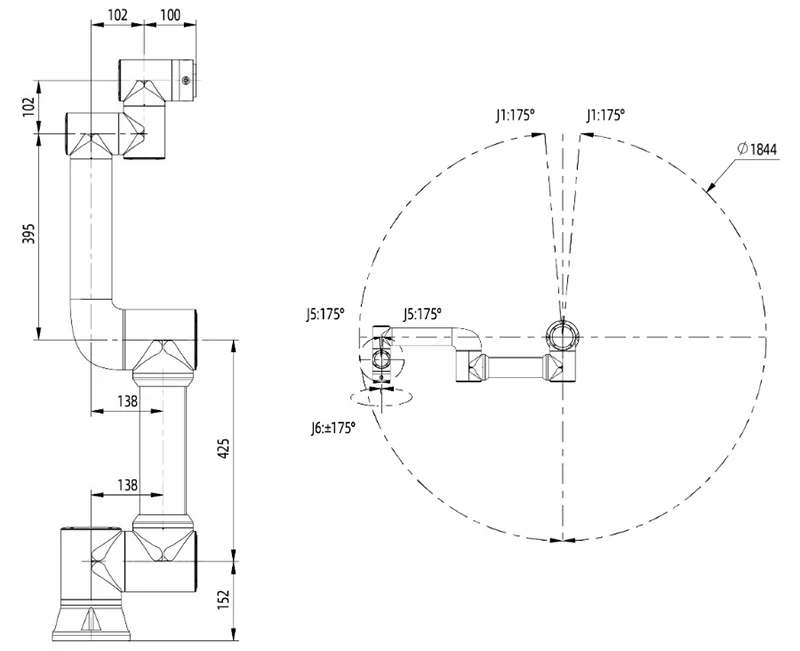 Technical diagram of fairino fr5 robotic arm showing dimensions, rotation angles, and range, indicating parts or samples created by the robot.