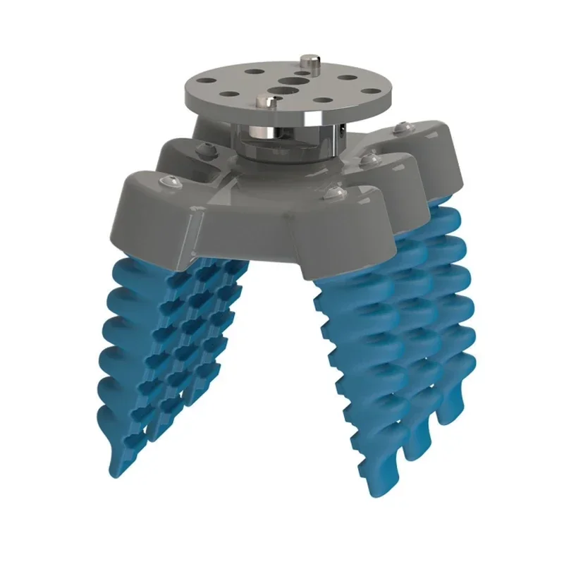 Fairino FR5 robotic gripper with blue flexible arms for handling delicate parts, showcasing its design and functionality for collaborative robotics.