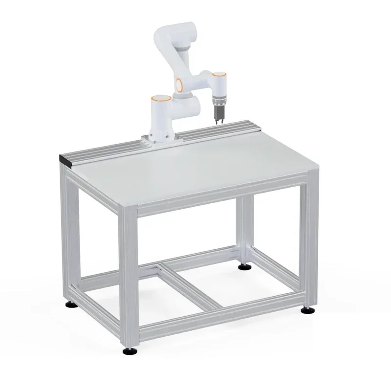 Fairino FR5 collaborative robot on a metal table equipped with a tool head, showcasing its assembly capability for producing sample parts.