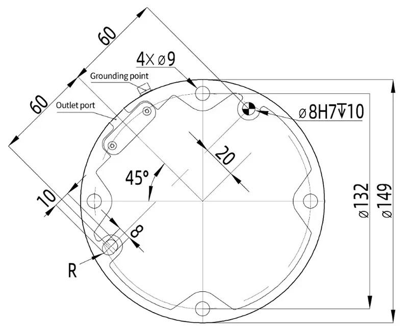 Technical diagram of part created by fairino fr5 shows dimensions, grounding point, outlet port, and geometric details with precise measurements.