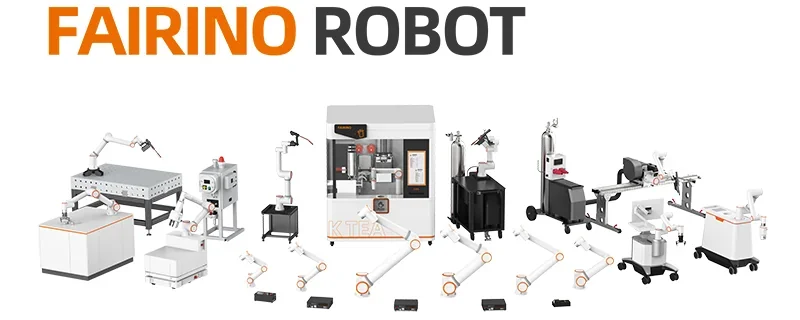 FAIRINO ROBOT branding with multiple robotic arms and equipment setups, showcasing collaborative robot technology and parts made by the fairino fr5.