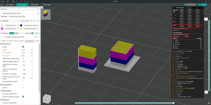 The image displays a digital workspace interface for the Flashforge AD5X 3D printer, showcasing slicer software used for preparing 3D prints. The screen is split into a grid view where two model prints of stacked block towers are presented, each built with multiple colored layers: yellow, purple, and blue. To the left, settings are shown, including print quality and filament type, with options like "Flashforge PLA Basic" selected. A visual indicator of the active nozzle and heated bed specifications is apparent. On the right side, detailed specifications such as print time estimation, filament used, and layer height are listed. The 3D workspace is surrounded by menu options for viewing and configuration. Brands and model names like "Flashforge AD5X" are visible throughout the interface, highlighting the device used for the simulation.
