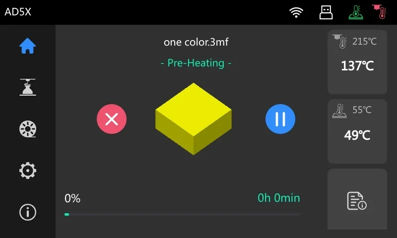 Flashforge AD5X interface shows pre-heating status with a 3D model preview, temperature data, and control icons for printing a sample part.
