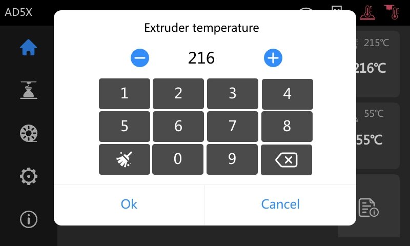 A digital interface showing the extruder temperature settings for the Flashforge AD5X 3D printer, featuring a keypad for input. The central display reads "216" degrees, indicating the current temperature setting. The interface allows adjustment with plus and minus icons to increase or decrease the temperature. Function buttons include "Ok" and "Cancel" at the bottom for confirmation and cancellation of settings. The left side displays menu icons, with a prominent home button at the top, suggesting navigation options. The environment appears to be a touchscreen interface, with additional temperature settings visible in the background for other components, such as the heated bed. The branding "AD5X" is visible in the upper left corner, confirming the model being configured.