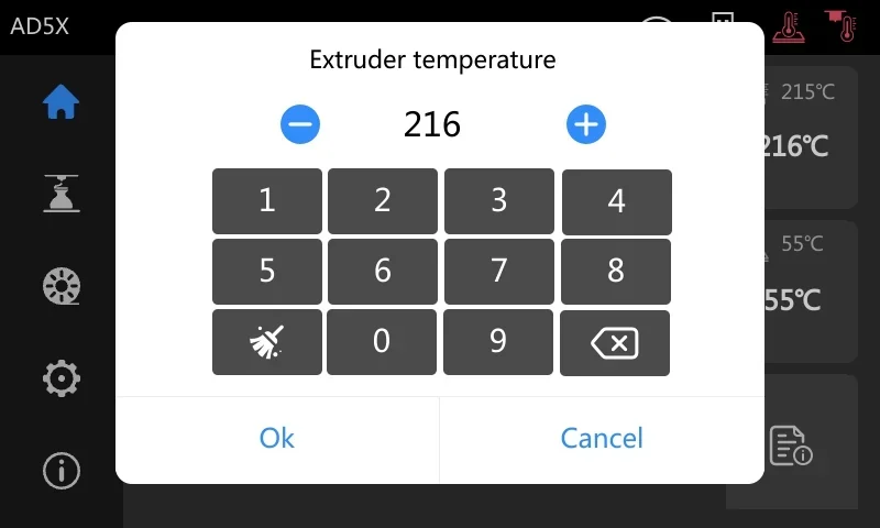 Extruder temperature setting interface for Flashforge AD5X 3D printer, showing keypad and options to adjust temperature, currently set at 216°C.