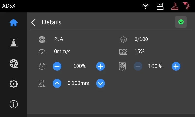 Flashforge AD5X settings interface with PLA material, 0mm/s speed, 100% fan and extrusion rates, 0.100mm layer height, 15% infill, and 0/100 progress.