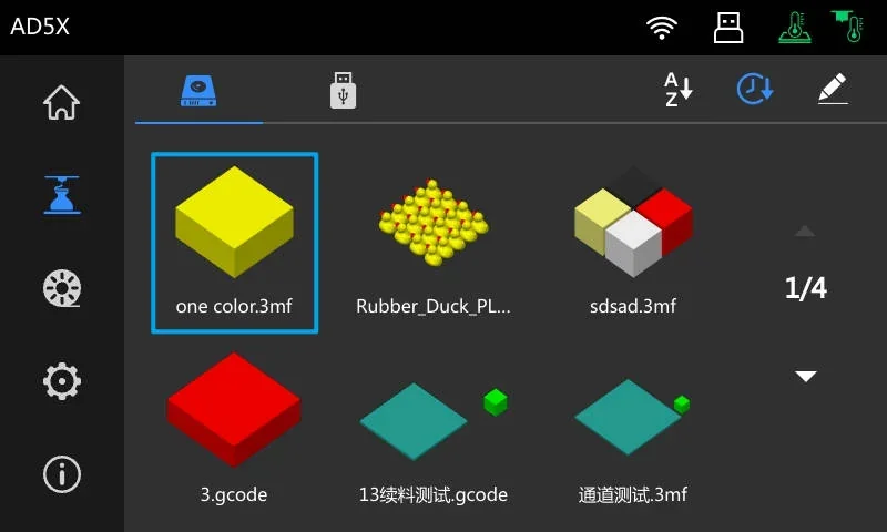Flashforge AD5X interface displaying 3D model files, including yellow cube, rubber ducks, and colored blocks for printing.