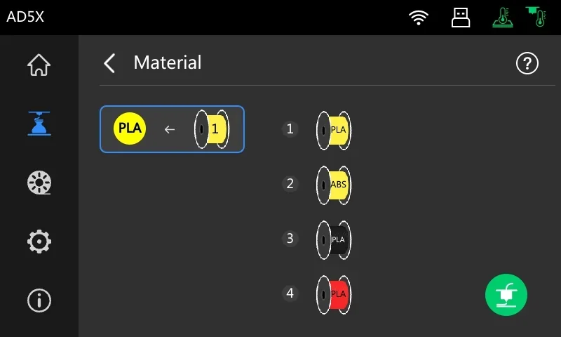 Flashforge AD5X screen shows filament options: PLA, ABS; displaying four spool icons, highlighting PLA selection on user interface.