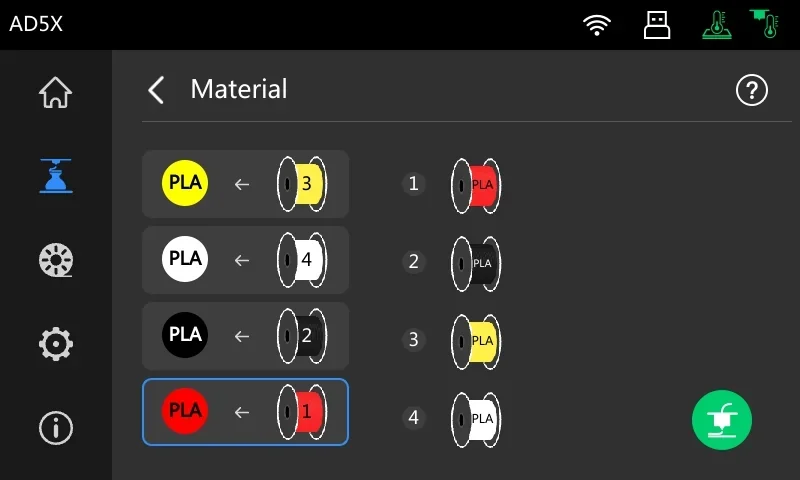 Flashforge AD5X material selection interface with different PLA filament options in yellow, white, black, and red spools for 3D printing projects.