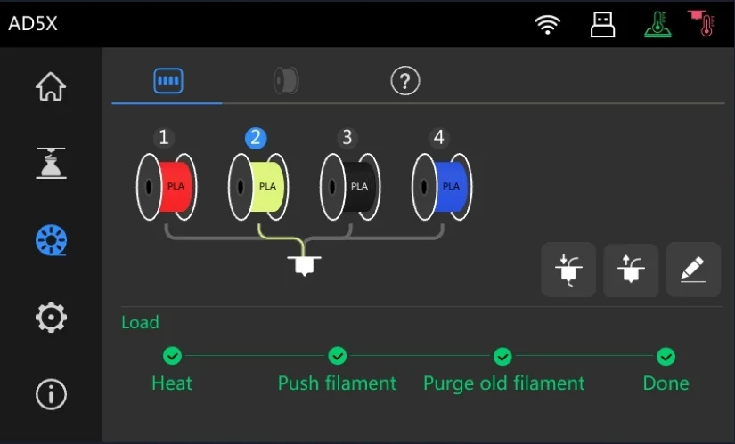 Flashforge AD5X interface showing four PLA filament spools in red, yellow, black, and blue, and loading status with heating and filament purge indicators.