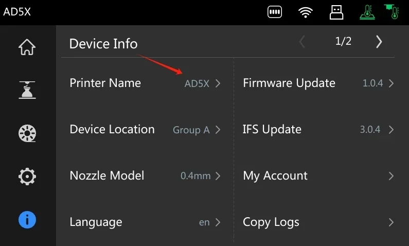 Flashforge AD5X 3D printer interface showing device info, including printer name, location, nozzle model, firmware update options, and settings icons.