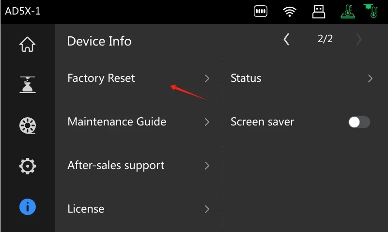 Flashforge AD5X device menu interface; options include Factory Reset, Maintenance Guide, Status, and Screen Saver in a dark-themed layout.