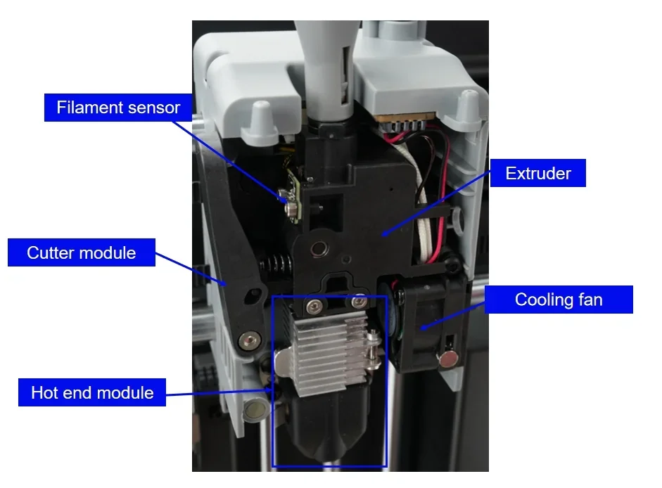 Flashforge AD5X 3D printer's internal components highlighted: filament sensor, extruder, cutter module, cooling fan, hot end module.