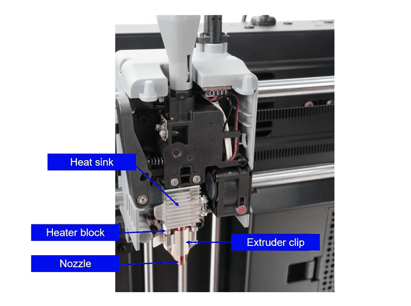 Close-up view of the Flashforge AD5X 3D printer's extruder mechanism, highlighting its detailed technical components. The extruder comprises a heat sink, labeled in blue text, positioned above a metallic heater block. Below the heater block is the nozzle, designed for precise filament extrusion. An extruder clip is also visible, securing the components. The assemblage appears robust, with visible wiring and connectors, emphasizing the printer's sophisticated construction. The setting is an industrial or workshop environment, and the focus is on the detailed engineering of the extruder, showcasing the Flashforge AD5X’s advanced printing capabilities.