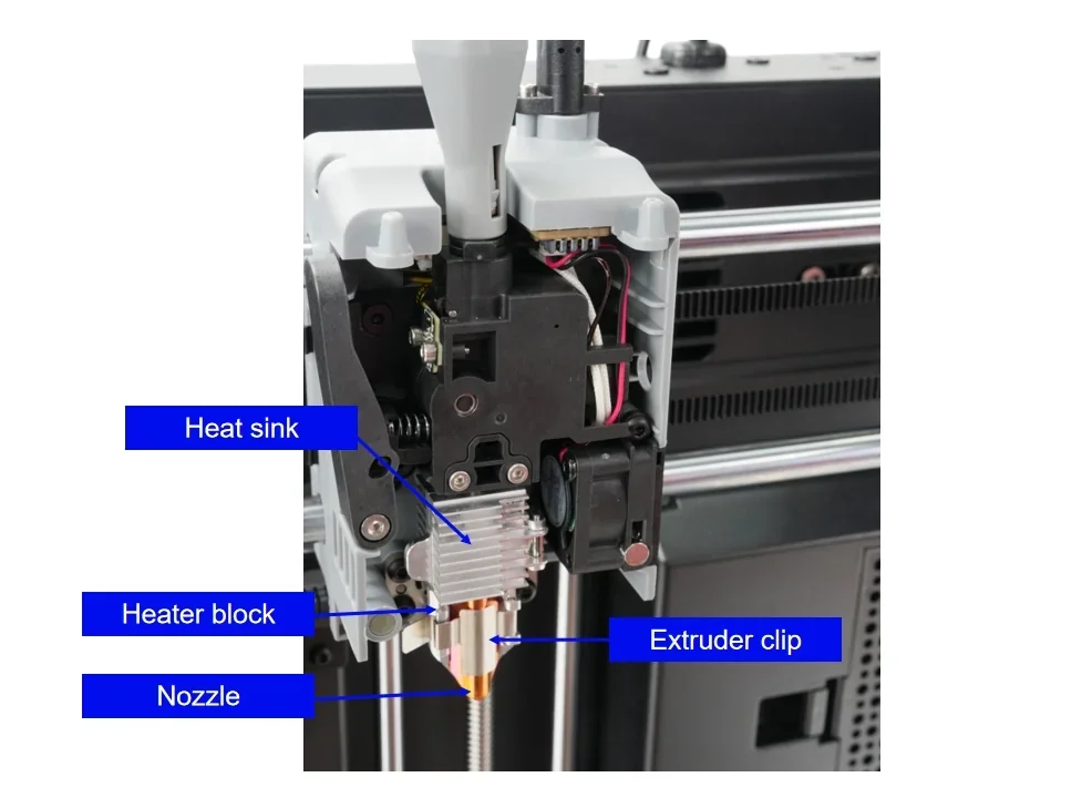 Flashforge AD5X 3D printer's extruder with labeled parts: heat sink, heater block, nozzle, extruder clip, showcasing advanced printing technology.