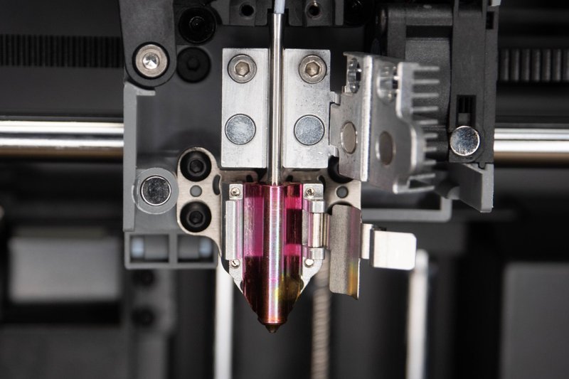 Close-up view of the extruder assembly of a 3D printer, potentially from the Flashforge line. The image prominently features the metallic nozzle and heater block surrounded by a vibrant magenta-tinted heat break, indicating advanced thermal regulation technology. The assembly includes several precise components like cooling fins for heat dissipation, secured with multiple screws and bolts for stability. Visible linear motion components hint at accurate, smooth movement capabilities, possibly associated with the Flashforge AD5X model. The detailed and clean arrangement of metallic elements within an industrial gray frame suggests a professional-grade printer designed for high-quality outputs. The setting implies a technical environment, emphasizing durability and precision in 3D printing applications.