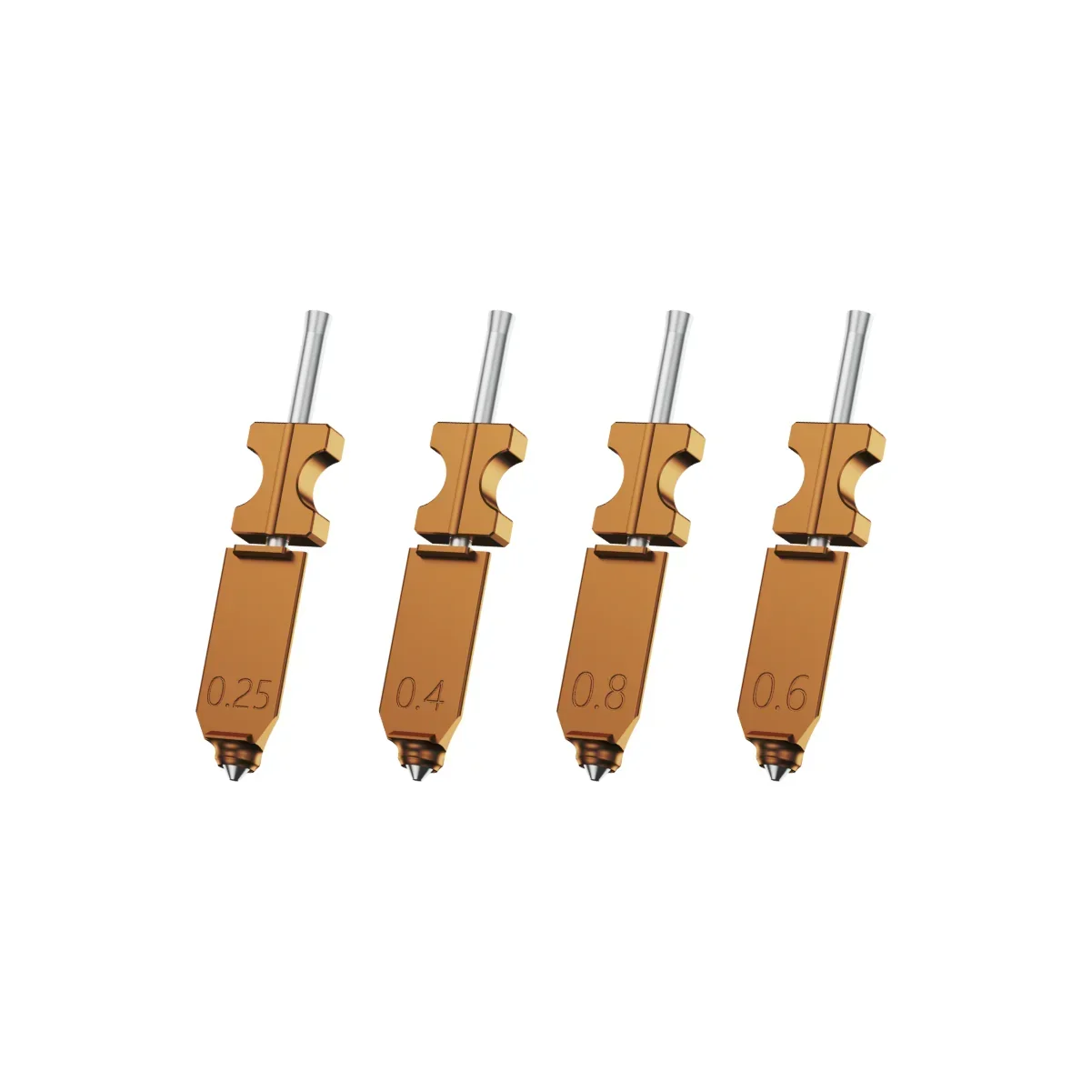 Flashforge ad5x 3D printer nozzles with different sizes: 0.25, 0.4, 0.8, 0.6 mm, set against a plain background.