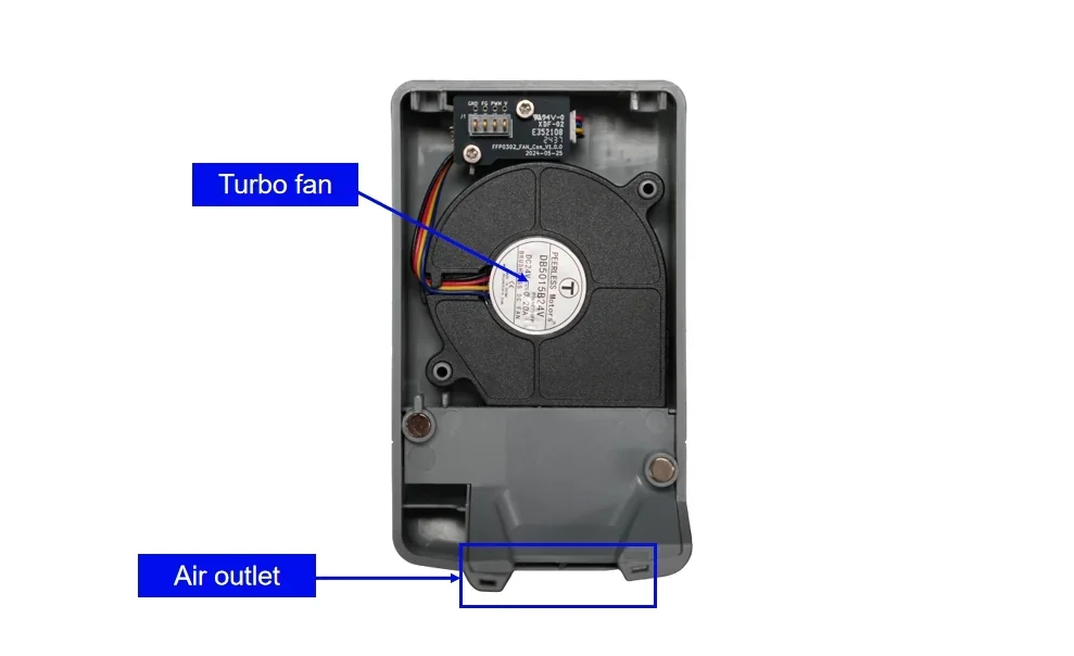 Flashforge AD5X fan component with labeled turbo fan and air outlet, highlighting internal structure and airflow dynamics.