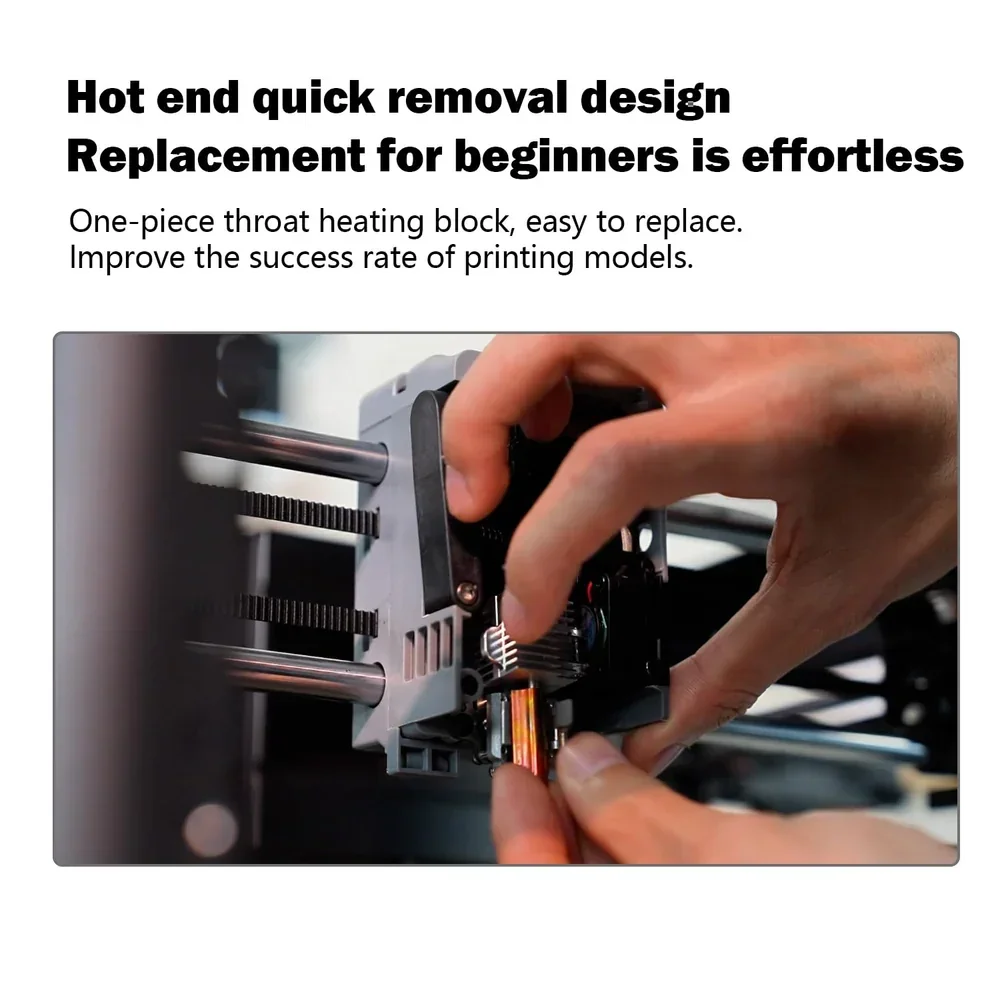 Flashforge AD5X printer's hot end being replaced by hand, highlighting a quick, beginner-friendly design for enhanced printing success.