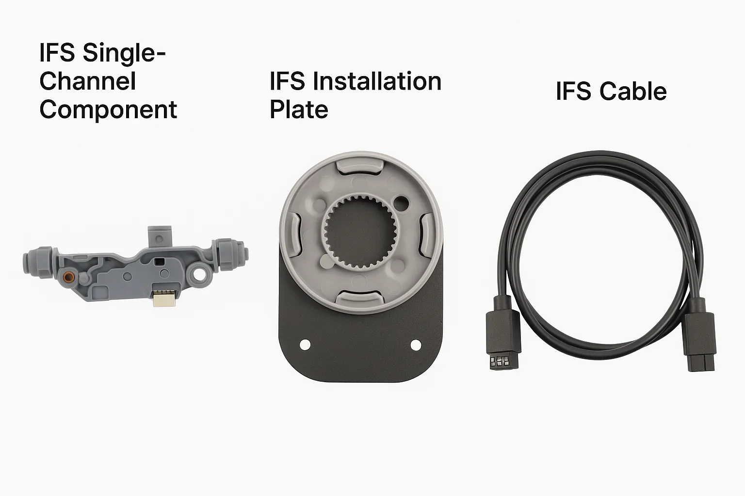IFS Single-Channel Component, IFS Installation Plate, and IFS Cable for Flashforge AD5X 3D printer displayed on a white background.