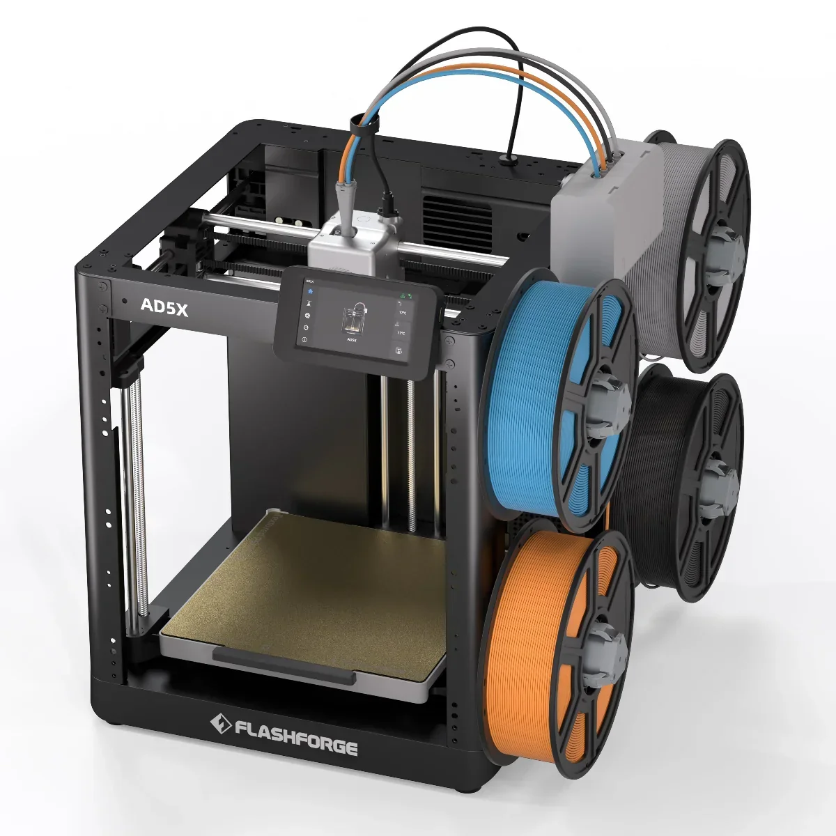 Flashforge AD5X 3D printer with touchscreen, four filament spools in black, blue, orange, on a white backdrop, showcasing its printing capabilities.