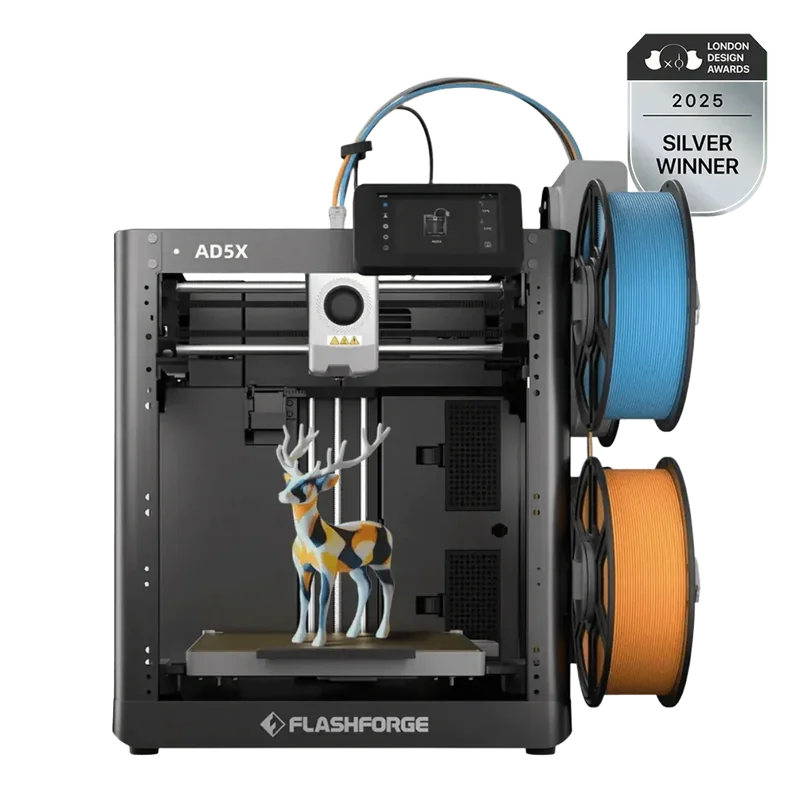 The Flashforge AD5X 3D printer is prominently showcased, featuring a sleek black design with the brand name 
