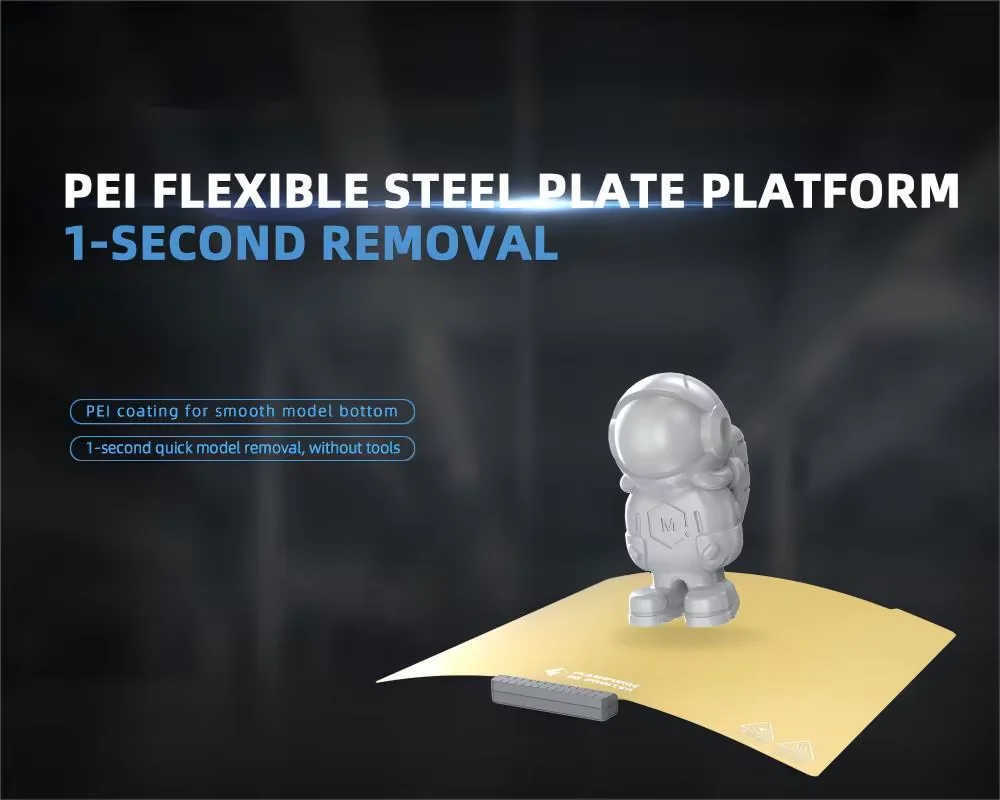 Flashforge Adventurer 5M shows a PEI flexible steel plate with a 3D-printed astronaut model for quick, tool-free removal.