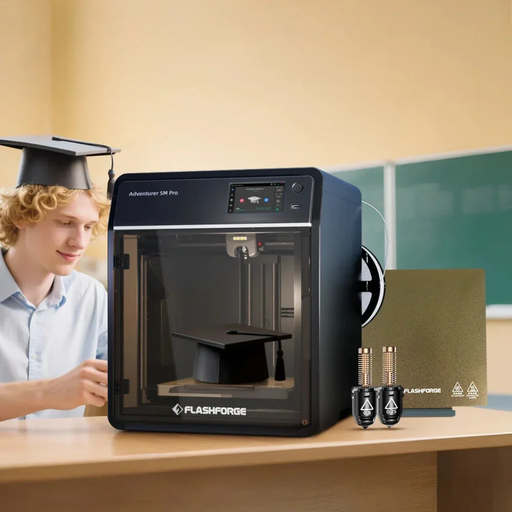 Flashforge Adventurer 5M Pro 3D printer on a desk, printing a small graduation cap. Includes accessories and shows a user in a classroom setting.