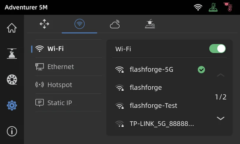 Flashforge Adventurer 5M interface showing Wi-Fi settings and available networks, highlighting "flashforge-5G" connected with options for Ethernet and Static IP.
