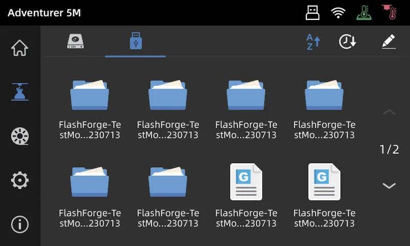 FlashForge Adventurer 5M interface displaying folders and files labeled "FlashForge-TestMo...230713" on a digital screen.