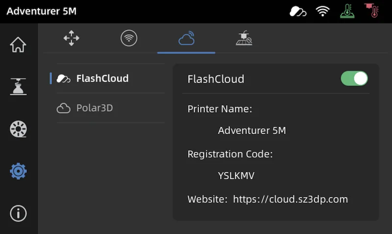Flashforge Adventurer 5M interface with cloud settings and registration code details, showcasing connectivity and control via FlashCloud platform.