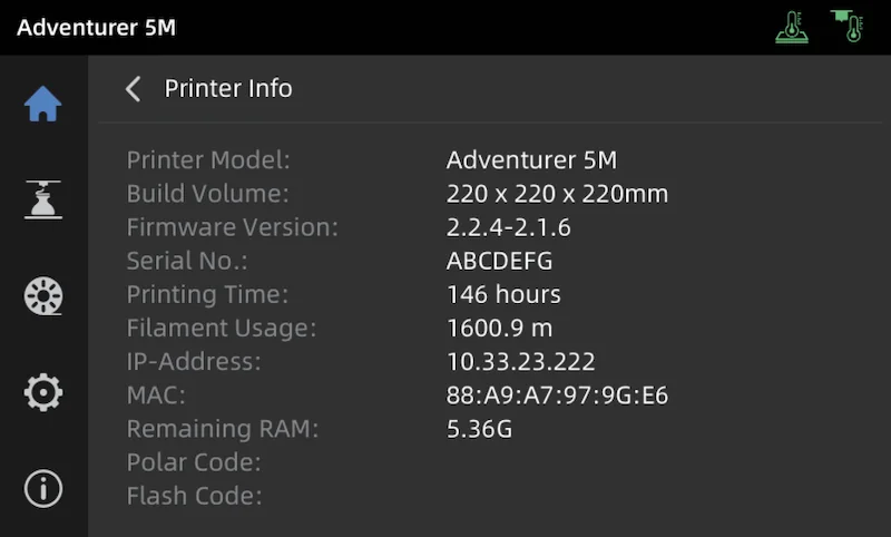 Flashforge Adventurer 5M details screen showing model, build volume, firmware, serial, printing time, filament usage, IP, MAC, and remaining RAM.