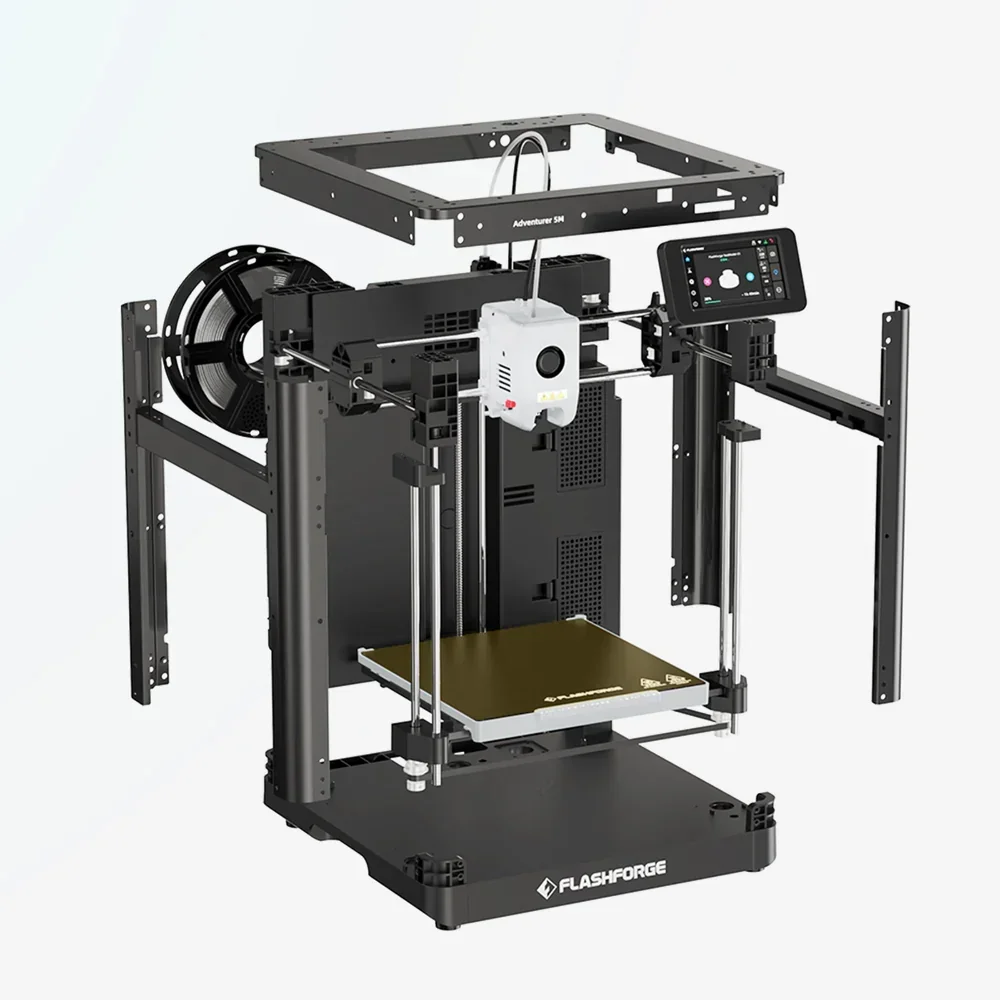 Flashforge Adventurer 5M 3D printer with open frame, filament spool, and control panel. Display features a colorful interface.