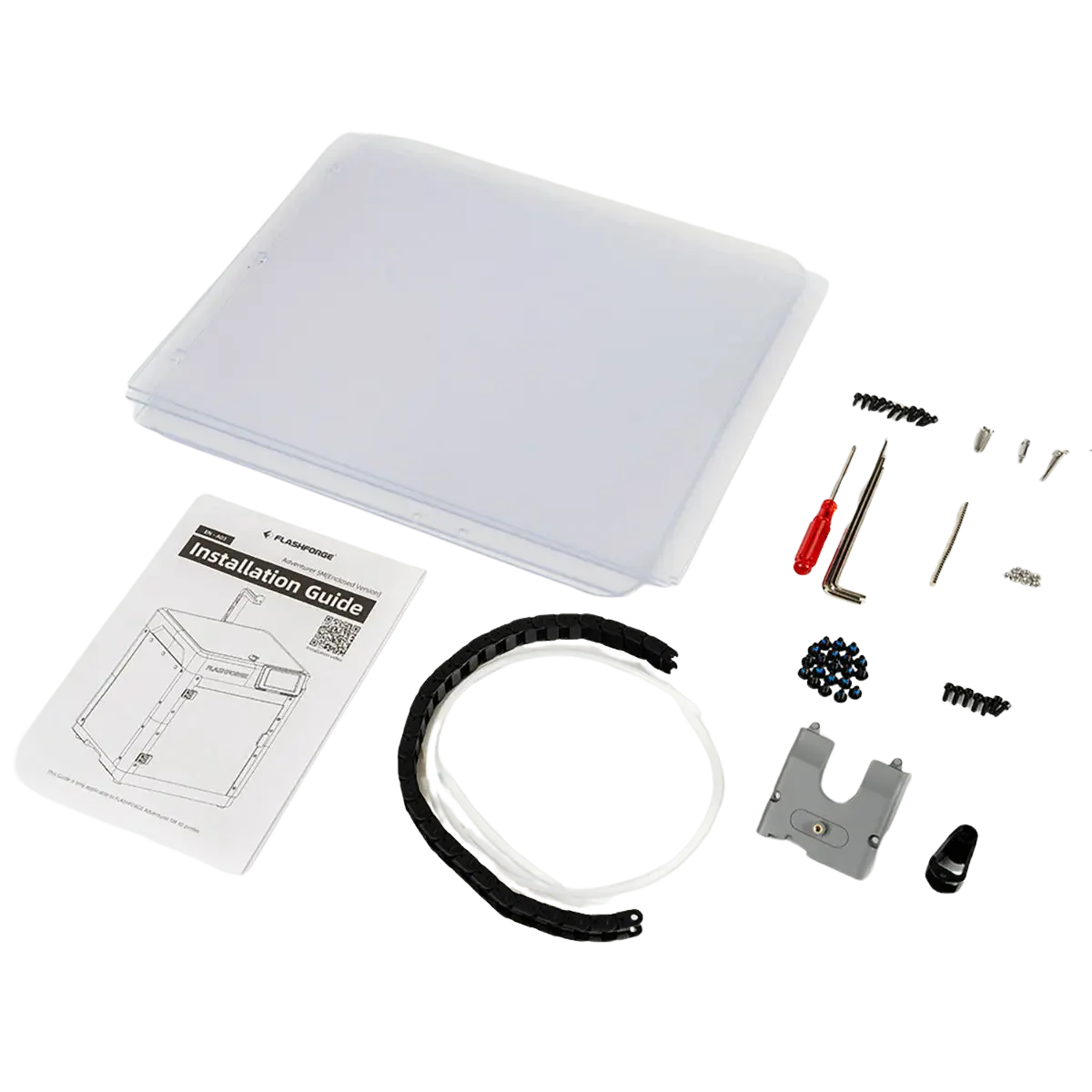 Flashforge Adventurer 5M parts, with installation guide, screws, tools, cable, cover, and holder components for 3D printer setup.