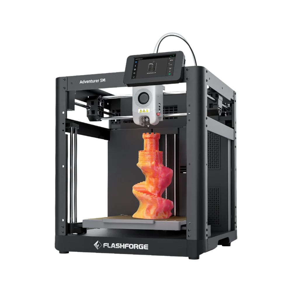 Flashforge Adventurer 5M 3D printer with touch screen is printing a vibrant, abstract orange and red model. Branding visible at the base.