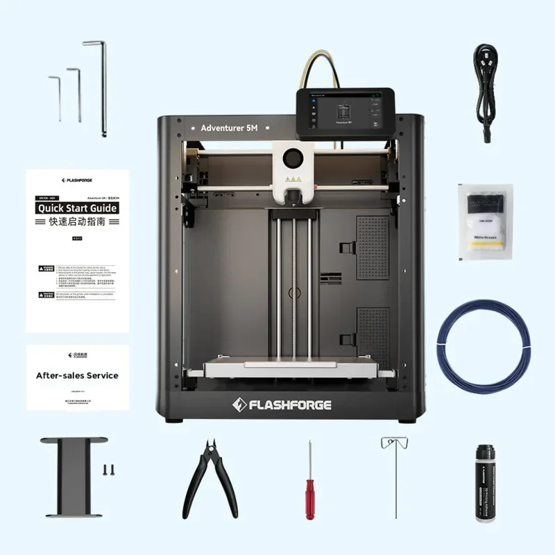 Flashforge Adventurer 5M 3D printer with tools, filament, and guides, showcasing components used for creating printed samples.