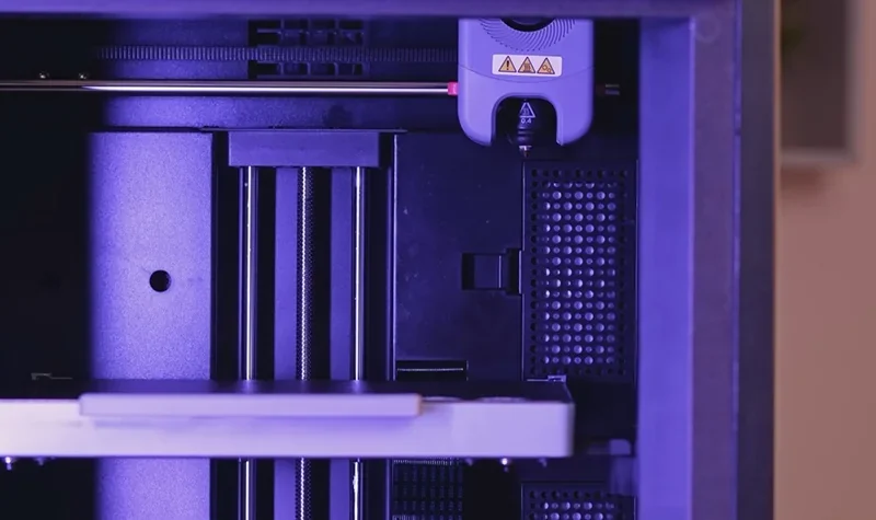 Flashforge Adventurer 5M Pro interior with build plate, nozzle assembly, and mechanical components in a well-lit, technical setting.