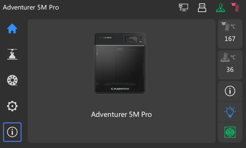 Flashforge Adventurer 5M Pro 3D printer interface showing temperature settings and controls, highlighting the main unit with Flashforge branding.