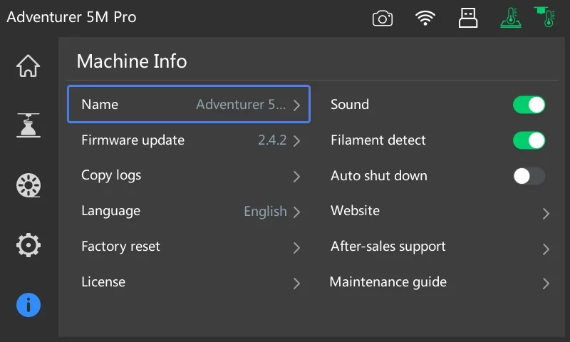 Flashforge Adventurer 5M Pro interface displaying machine info: name, firmware, language, reset, sound, filament detection, settings.