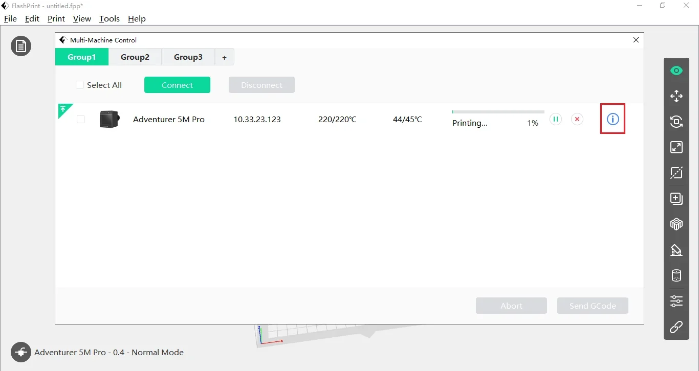 FlashPrint software interface showing Flashforge Adventurer 5M Pro connected, displaying IP, temperatures, and printing progress at 1%.