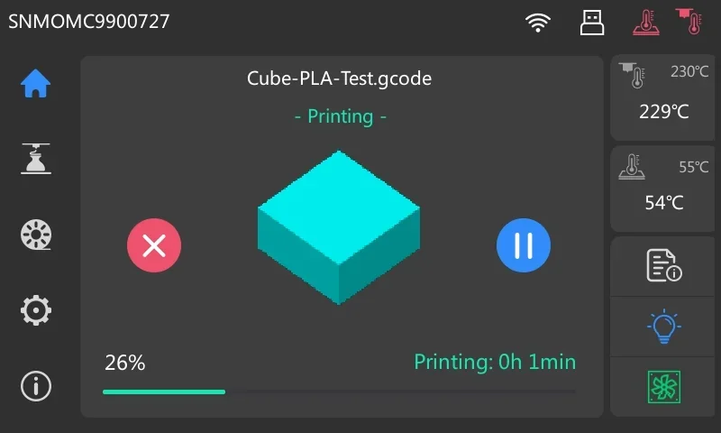 Flashforge Adventurer 5M Pro interface displaying Cube-PLA-Test.gcode printing progress with temperature controls and 3D model illustration.