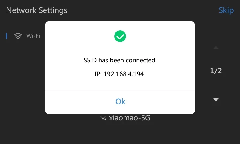 Wireless setup screen showing successful Wi-Fi connection for Flashforge Adventurer 5M Pro. Network connected, displaying SSID and IP address.