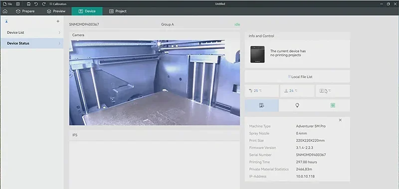 Flashforge Adventurer 5M Pro interface showing 3D printer status and specs; includes camera view, printing info, serial number, and network data.