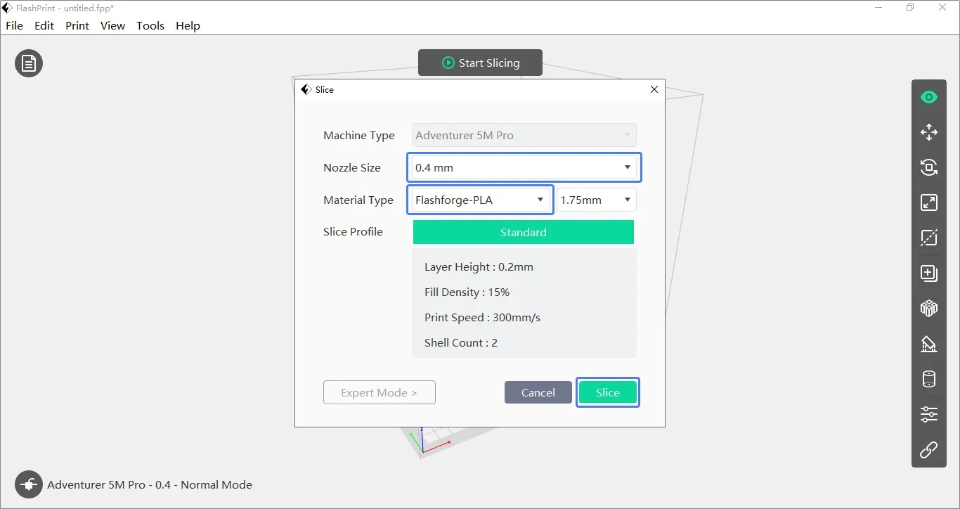 FlashPrint software interface for Flashforge Adventurer 5M Pro, displaying settings for nozzle size, material type, and slicing profile options.