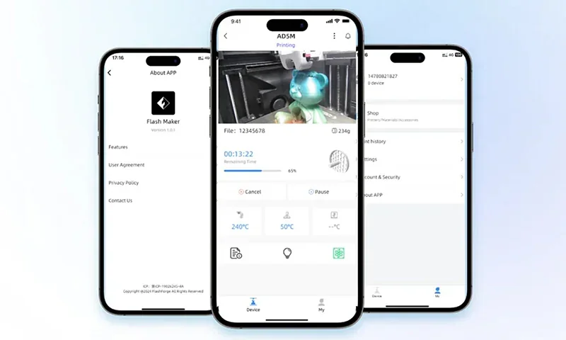 Three smartphone screens display Flashforge Adventurer 5M Pro interface with a 3D printed object being created, app features, and settings options.