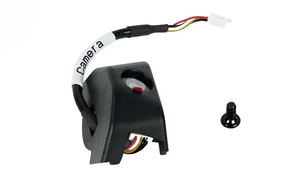 Flashforge Adventurer 5M Pro camera assembly with labeled cable and a black screw on a white background.