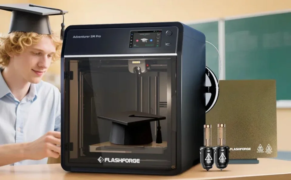 Flashforge Adventurer 5M Pro 3D printer on desk with printed graduation cap, student, spare parts, and branding in classroom setting.
