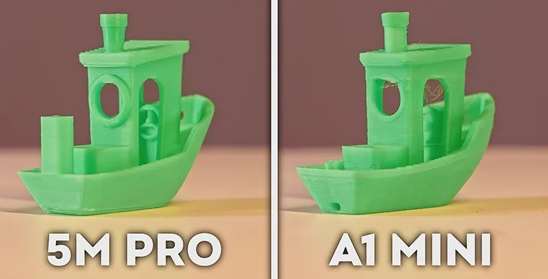 Flashforge Adventurer 5M Pro 3D print on left, smooth, green boat; comparison with A1 Mini print on right, showcasing quality difference.