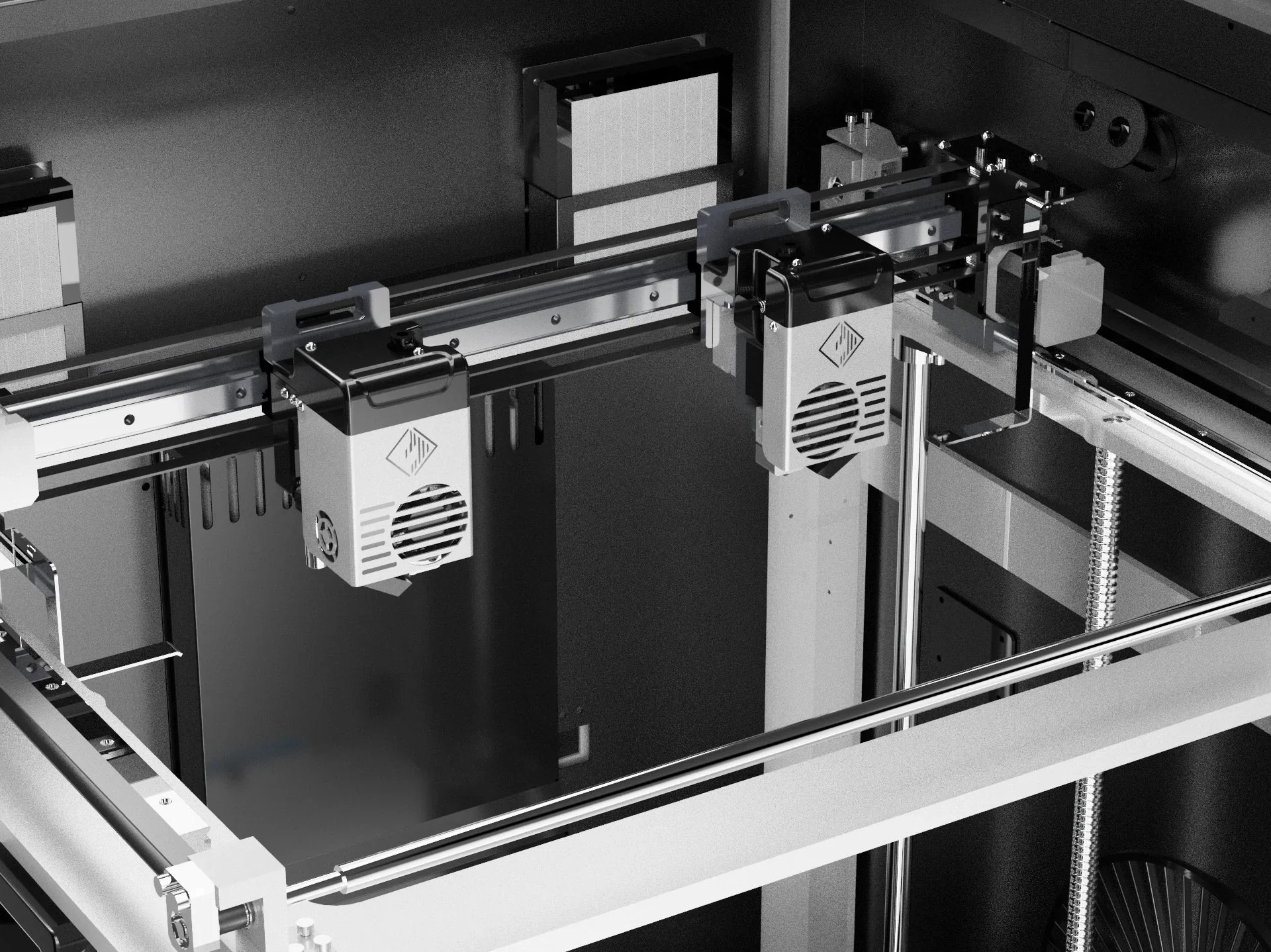 FlashForge Creator 4 interior showing dual extruder setup on linear rails, ready for precise 3D printing tasks.